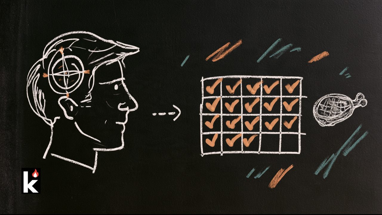 Chalk drawing: a head with a target inside, an arrow to a calendar of checked-off days, then a steak